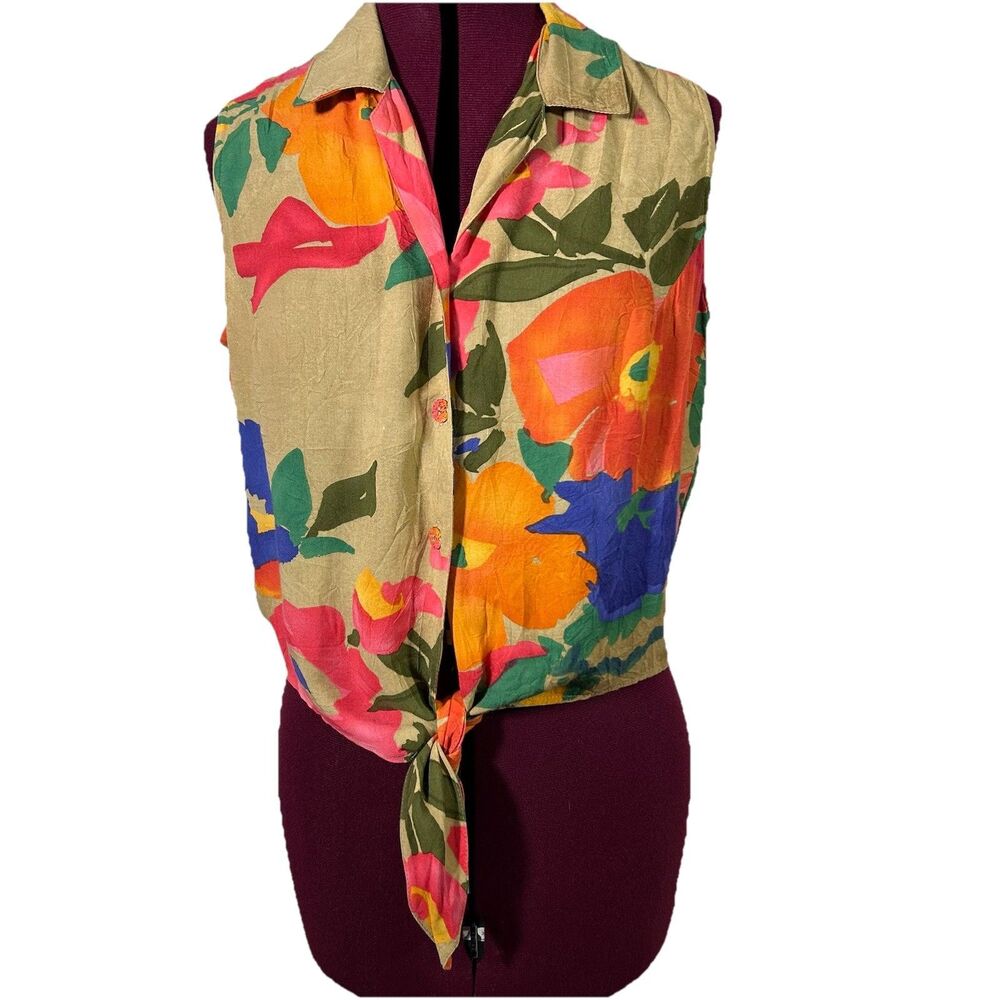 Vintage Jams World Paper Butterfly Print Cropped Button Up Tie Front Top Sz M